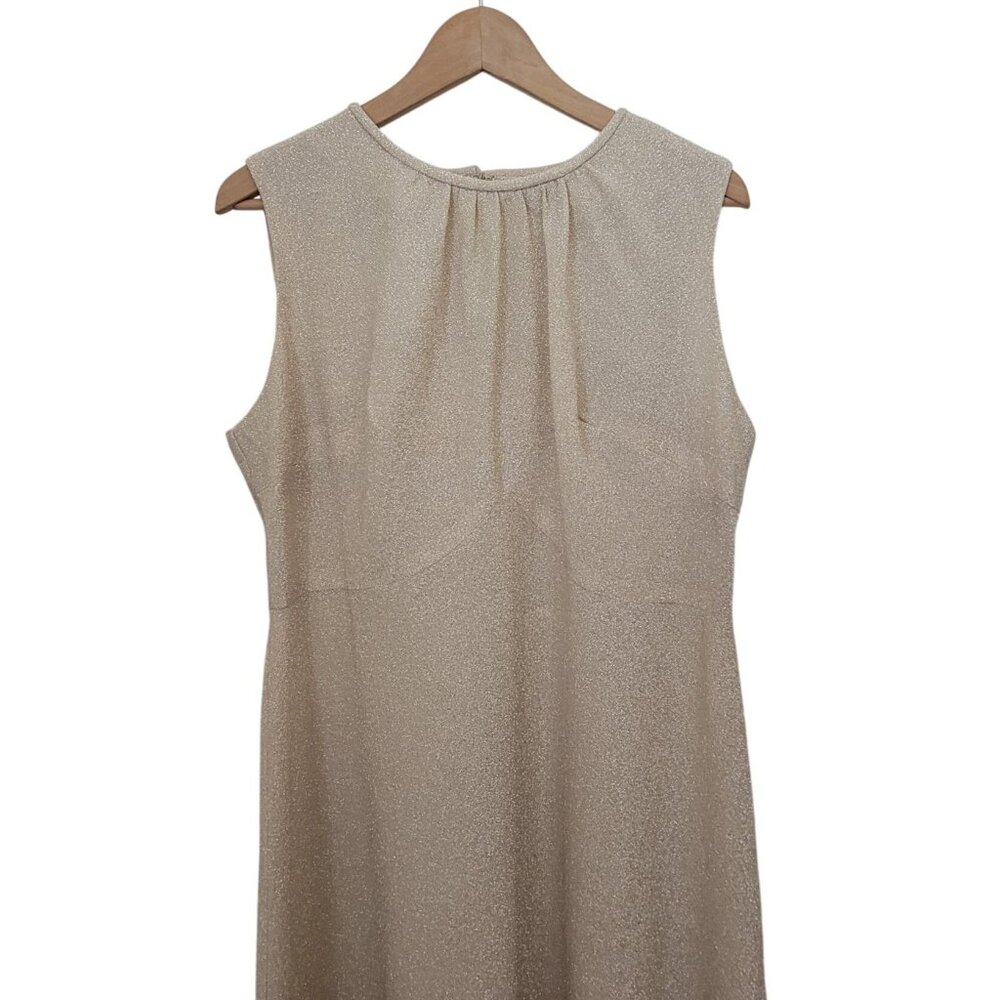 Vintage 70s Sleeveless Shimmering Champagne Gold Lamé Sheer Maxi Dress Sz 18.5 - Picture 4 of 9